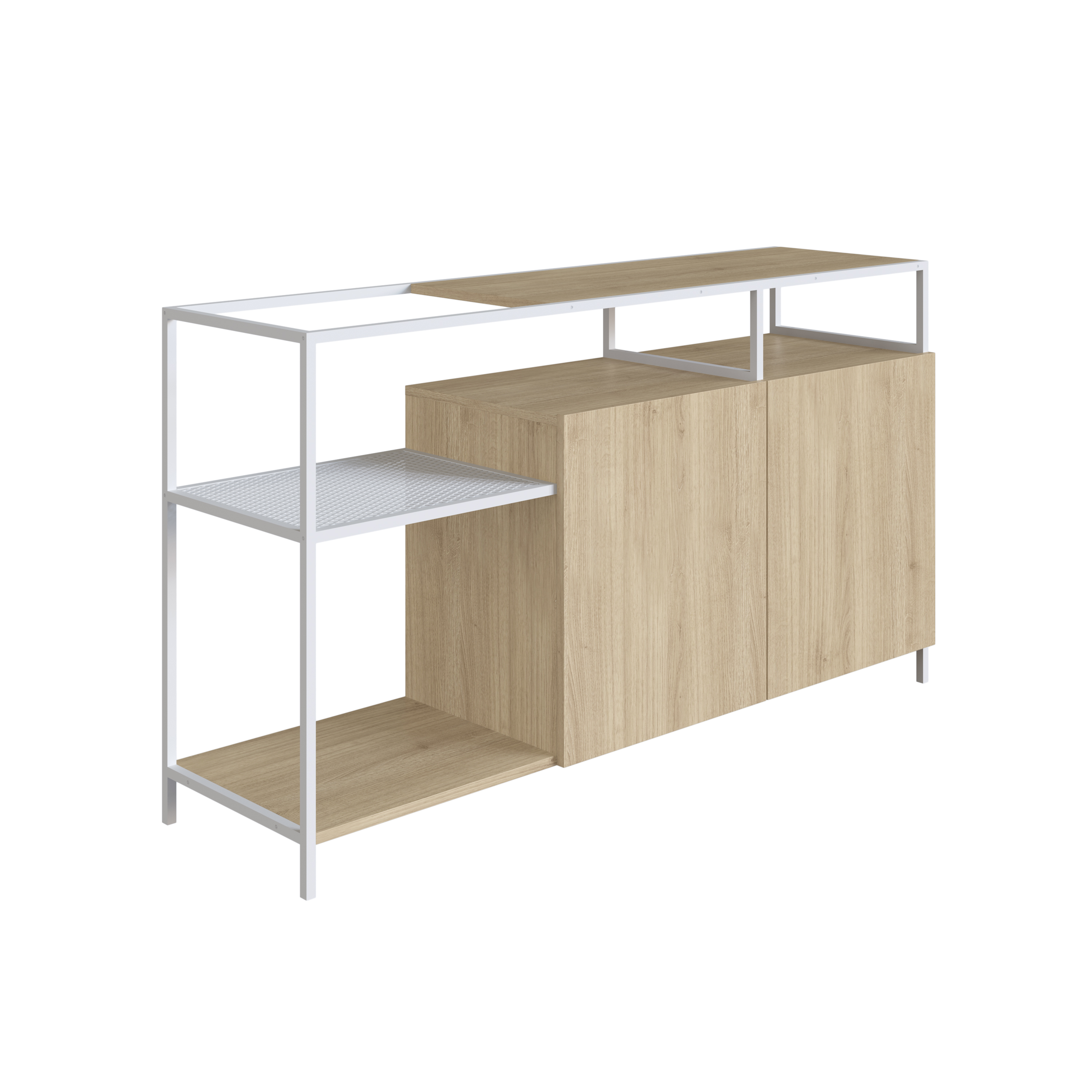 Buffete Bar Color Blanco y Madera con 6 Espacios de Almacenaje, Estructura Metálica y Tableros de Madera Industrial