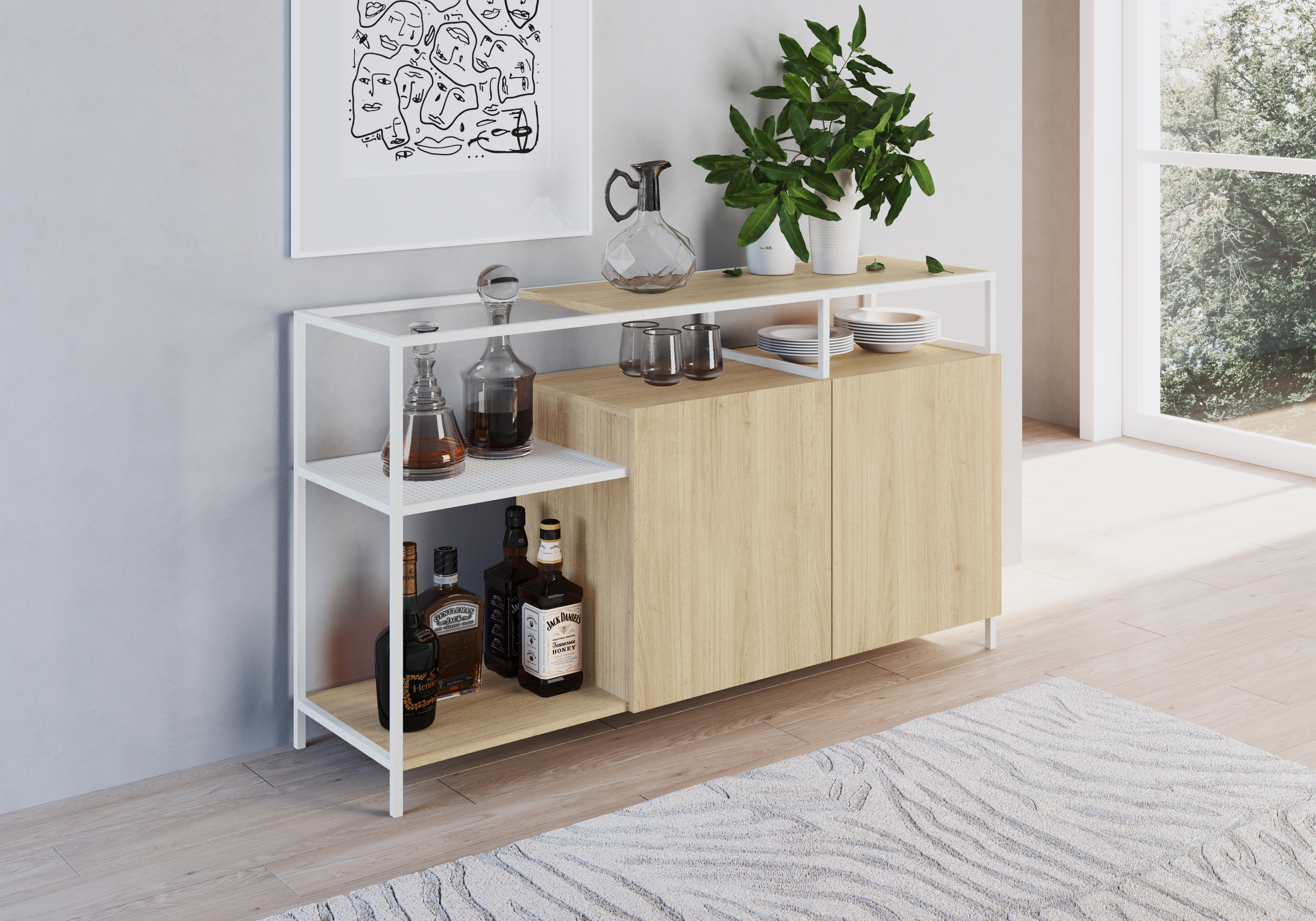 Buffete Bar Color Blanco y Madera con 6 Espacios de Almacenaje, Estructura Metálica y Tableros de Madera Industrial