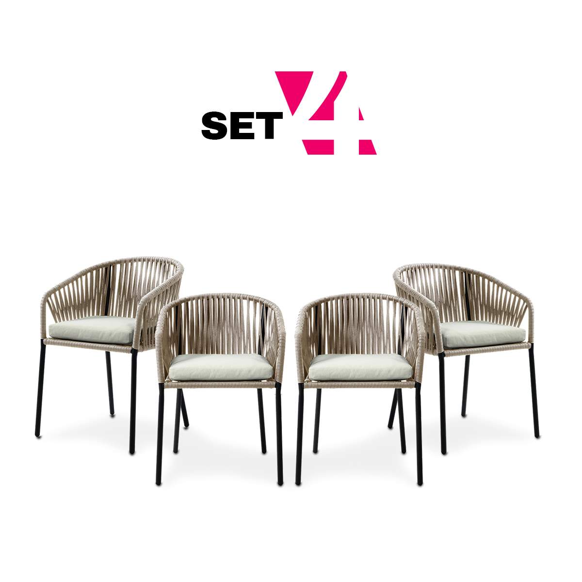 Set de 4 Sillas para Exterior Color Beige con Asiento Acolchado de Hule Espuma y Estructura de Aluminio y Cuerda Sintética