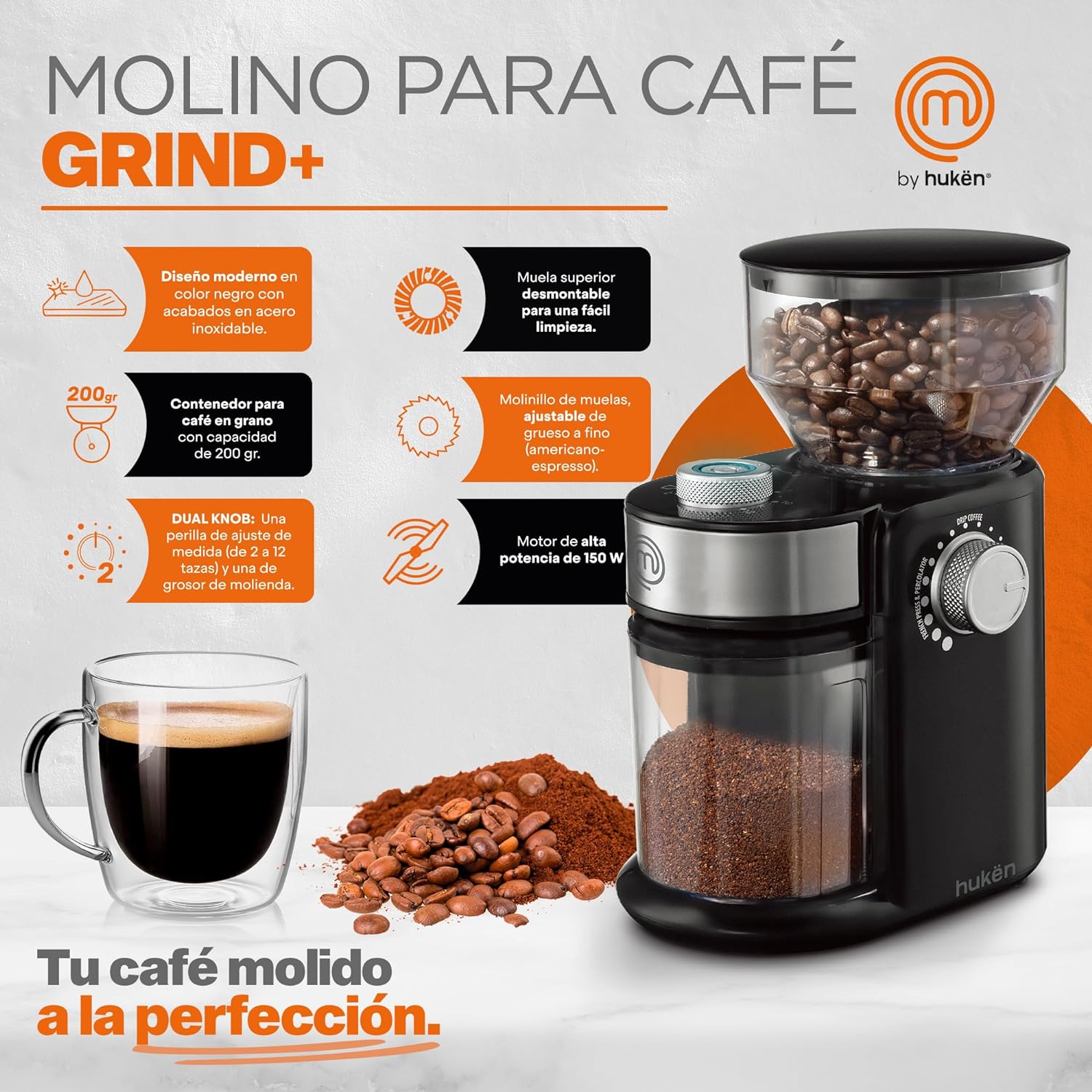 Masterchef by Hukën | Molino Eléctrico de Café Premium | Molido Perfecto | Acero Inoxidable | Capacidad de 200 gr. | 150 W | Ideal para Café y Especias