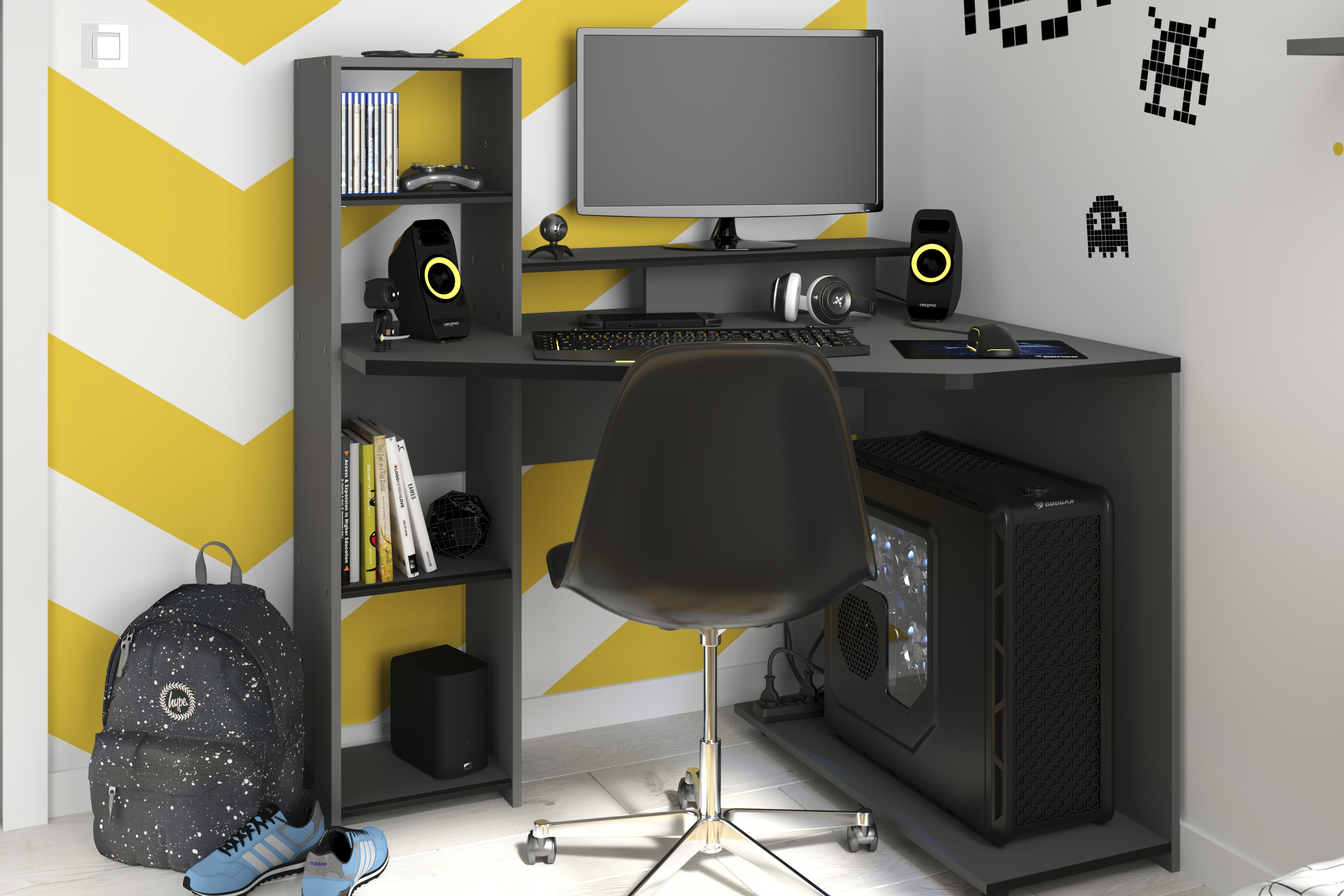 Escritorio Gamer Gris Oscuro con 4 Módulos. Estructura de Madera Procesada
