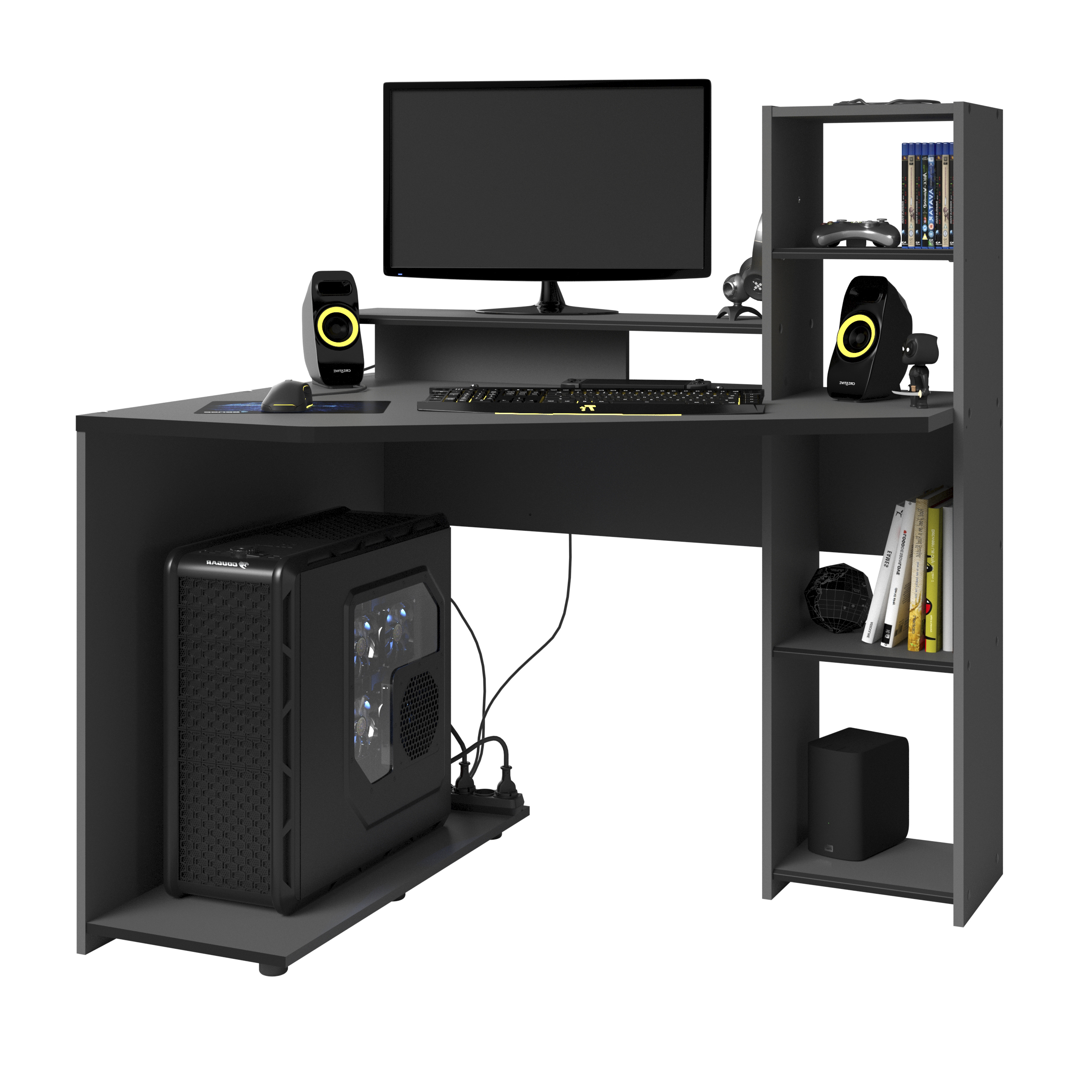 Escritorio Gamer Gris Oscuro con 4 Módulos. Estructura de Madera Procesada