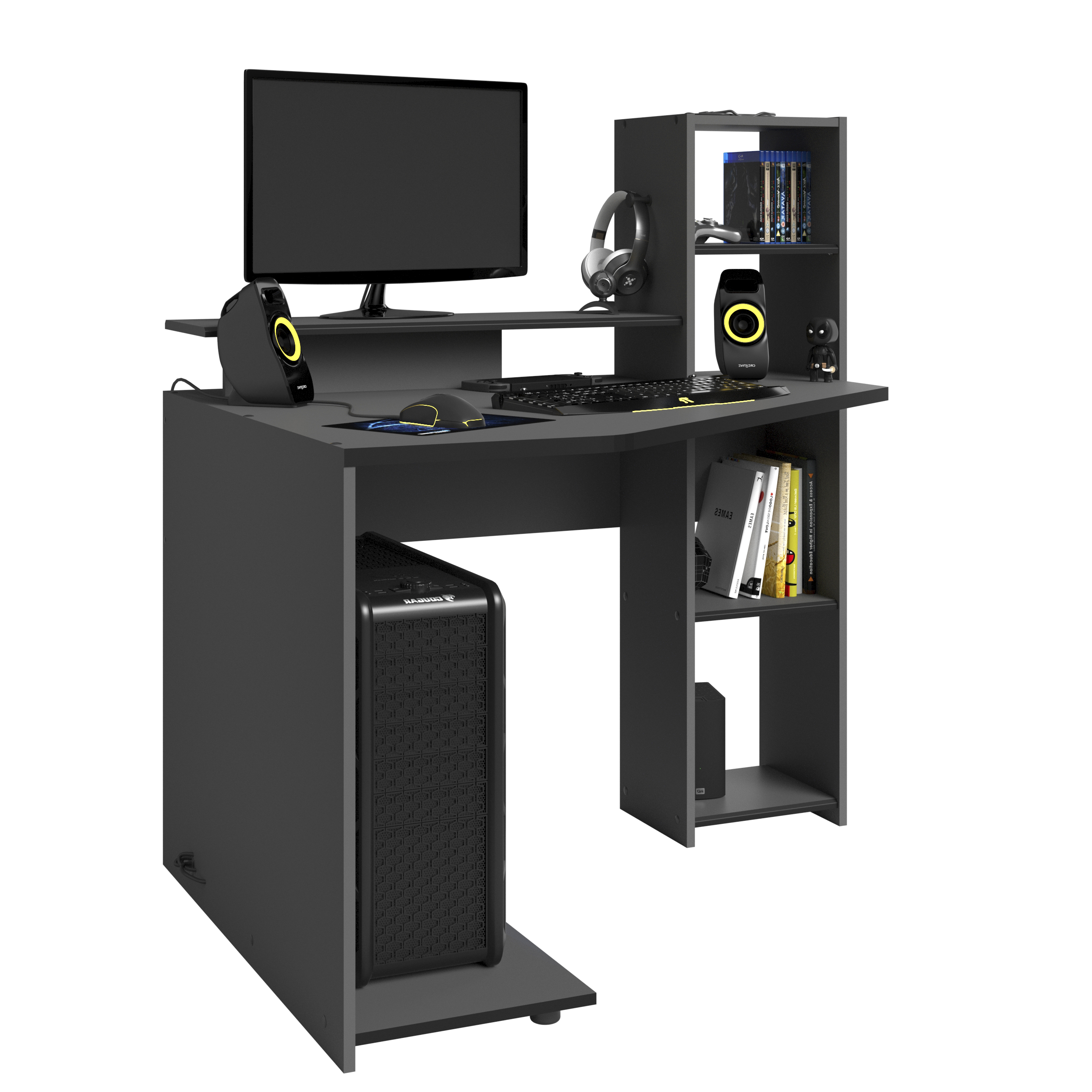 Escritorio Gamer Gris Oscuro con 4 Módulos. Estructura de Madera Procesada