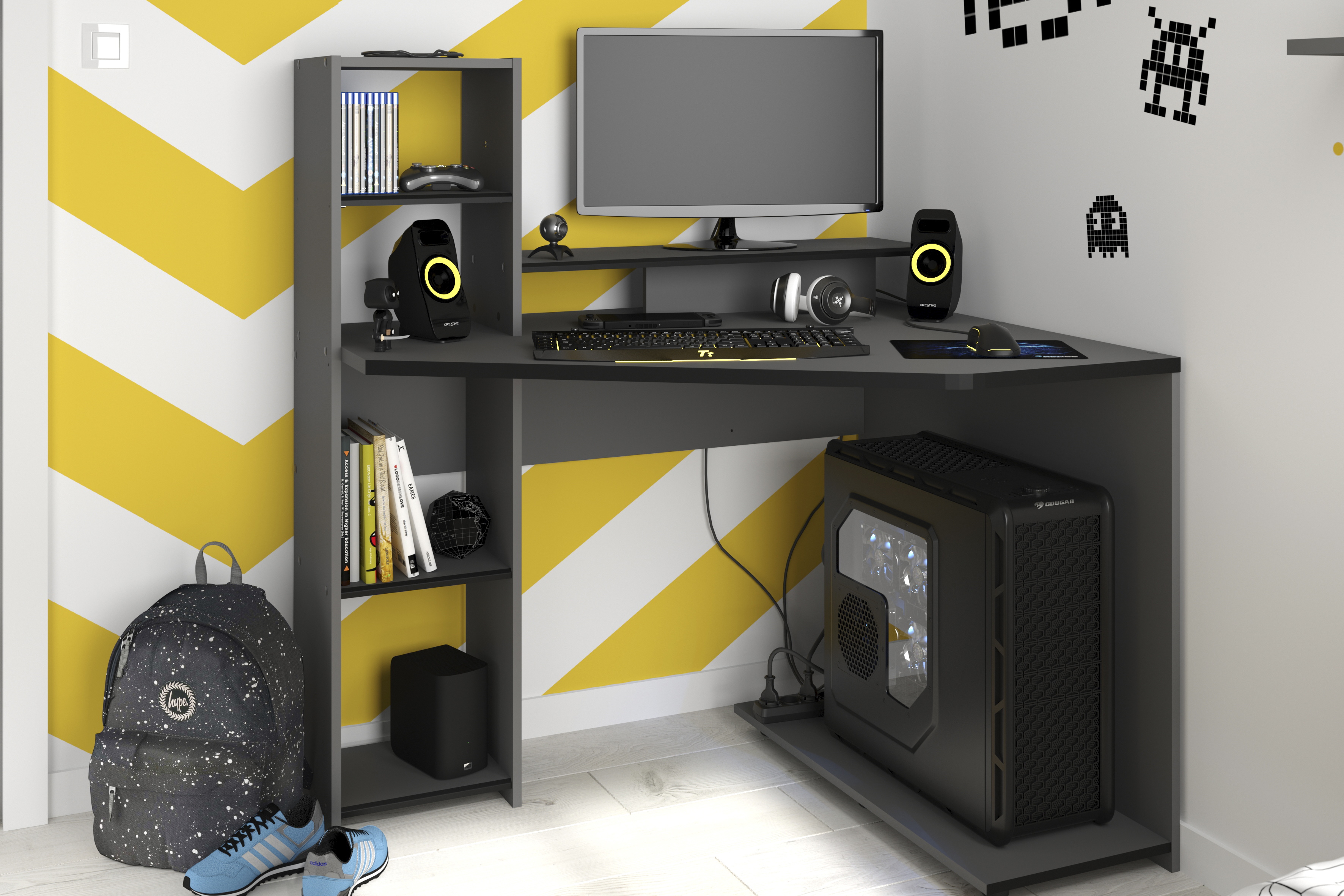 Escritorio Gamer Gris Oscuro con 4 Módulos. Estructura de Madera Procesada