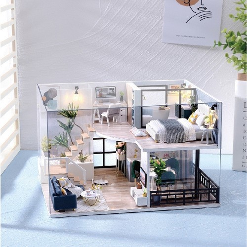 casita de muñeca madera miniatura con muebles música led 24.5x20cm color Agua