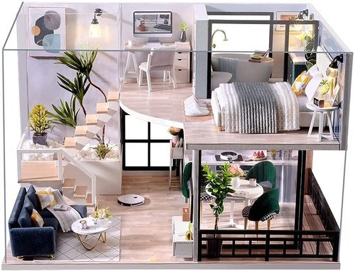 casita de muñeca madera miniatura con muebles música led 24.5x20cm color Agua