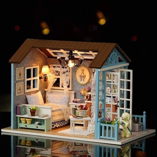 Casita Para Muñecas Casa Diy Con Muebles Led Miniatura Perro azul