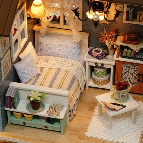 Casita Para Muñecas Casa Diy Con Muebles Led Miniatura Perro azul