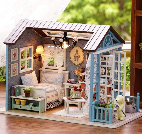 Casita Para Muñecas Casa Diy Con Muebles Led Miniatura Perro azul