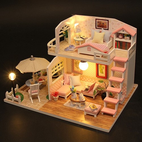Mini Casita De Muñeca Casa De Madera Para Armar Y Accesorios rosa