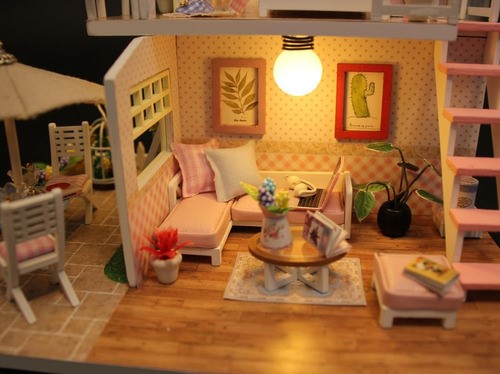 Mini Casita De Muñeca Casa De Madera Para Armar Y Accesorios rosa