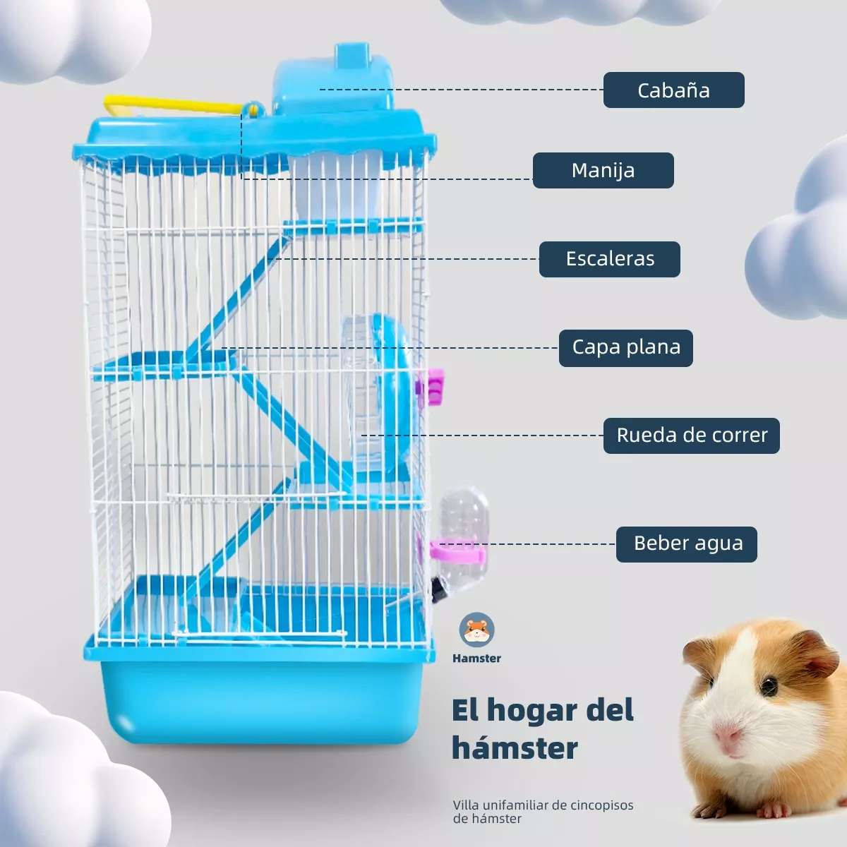 Jaula De Hámster De 4 Pisos Con Tobogán Y Servidor De Agua Celeste