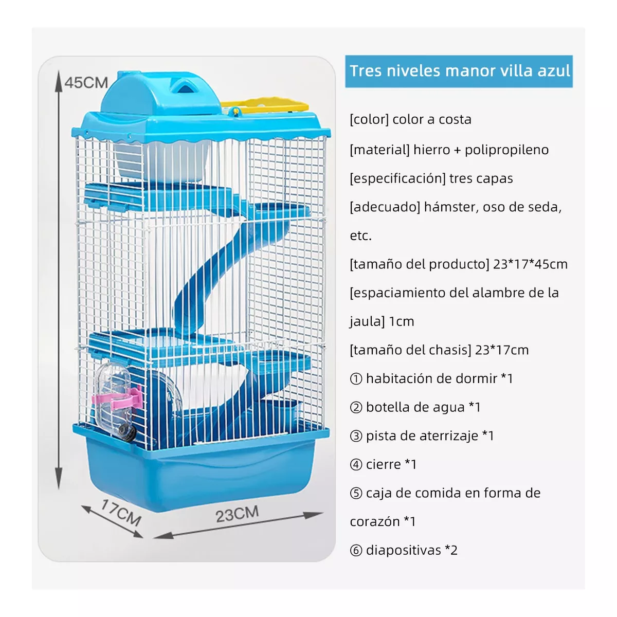 Jaula De Hámster De 4 Pisos Con Tobogán Y Servidor De Agua Celeste
