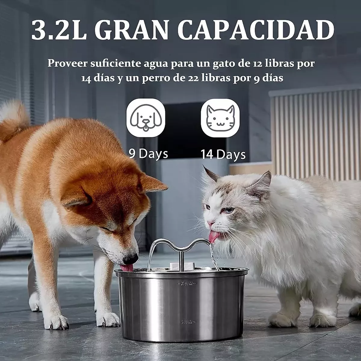 Fuente Para Gatos Y Bebedero Perro Acero Inoxidable 3.2l