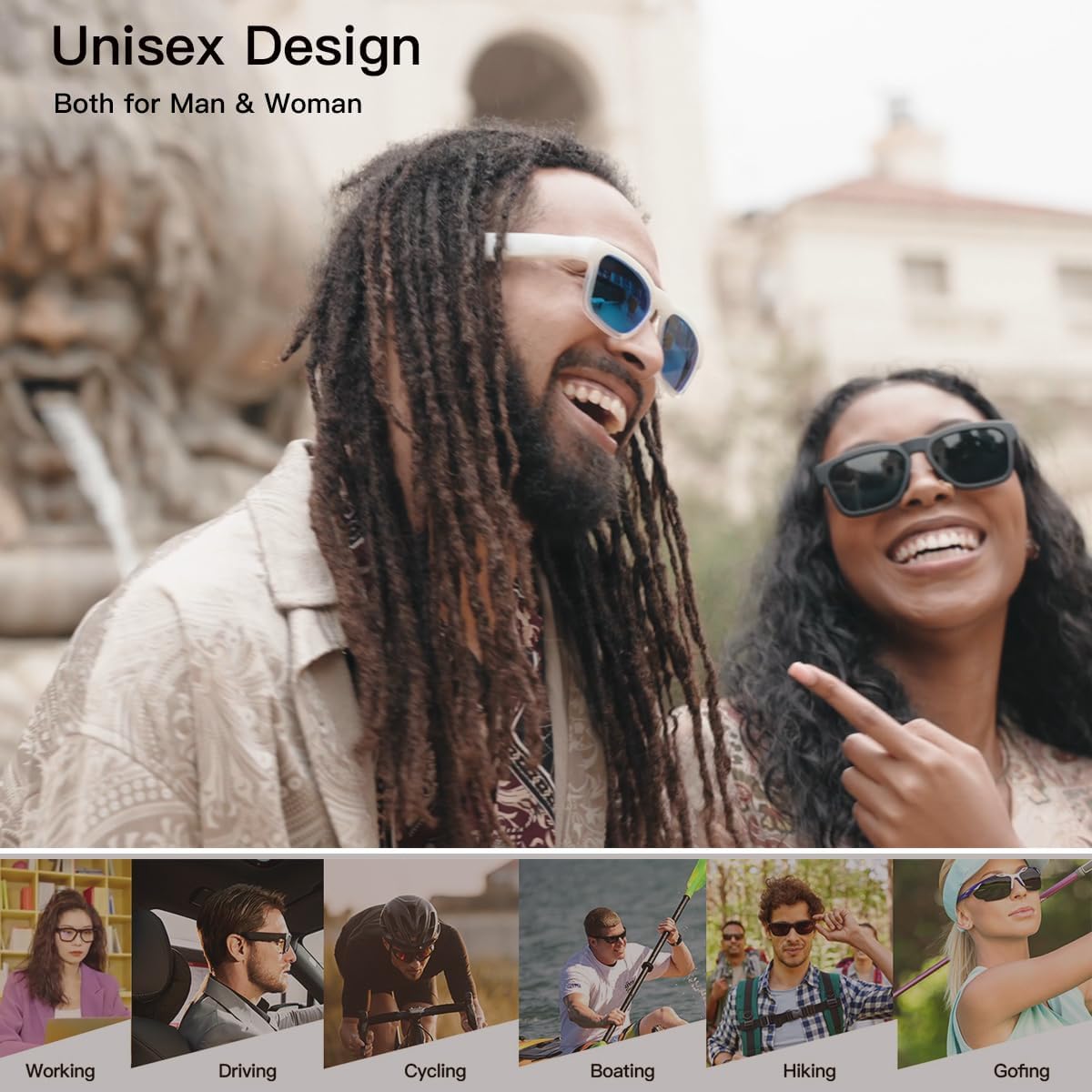 Lentes de Sol con Sonido,  Control de voz, Auriculares abiertos, escucha música y llamadas con subir y bajar el volumen, Gafas inteligentes
