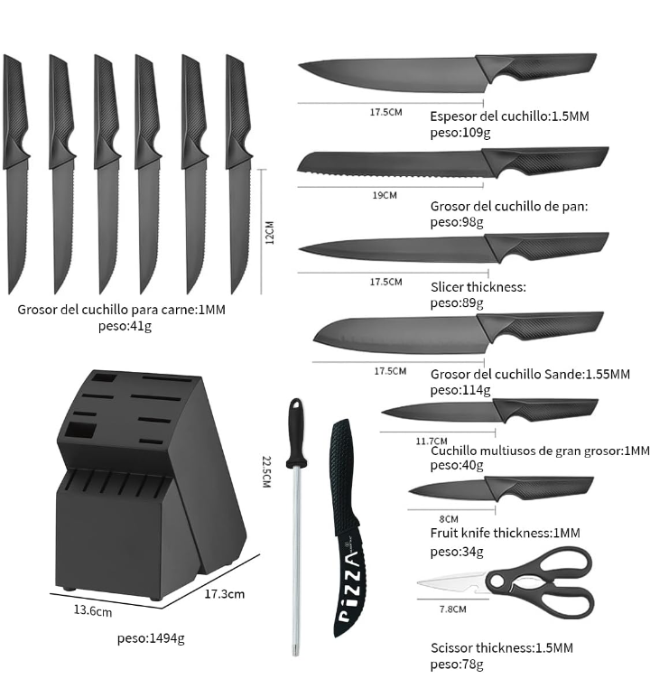 Juego de cuchillos profesionales kit de 15 pzas acero inoxidable 