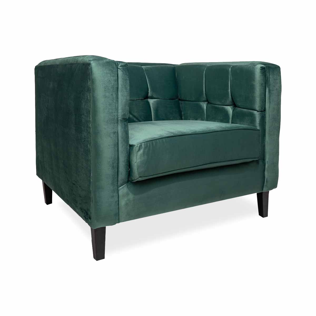Sillón Individual Tapizado en Terciopelo Color Verde Forrest. Estructura de Madera Sólida