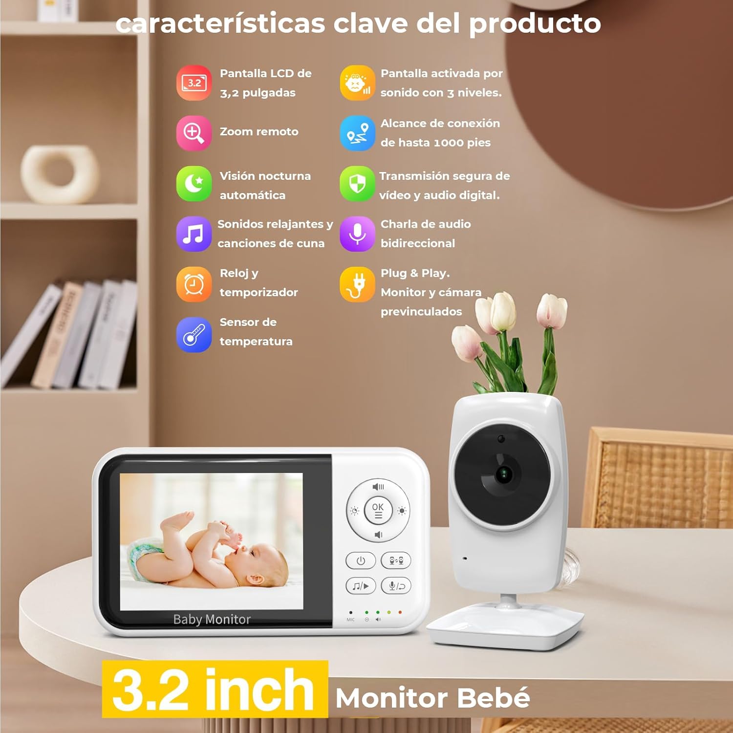 Monitor Bebé 3.2 Pulgadas, Monitor para Bebe con Camara, Monitor de Video, Visión Nocturna Infrarroja