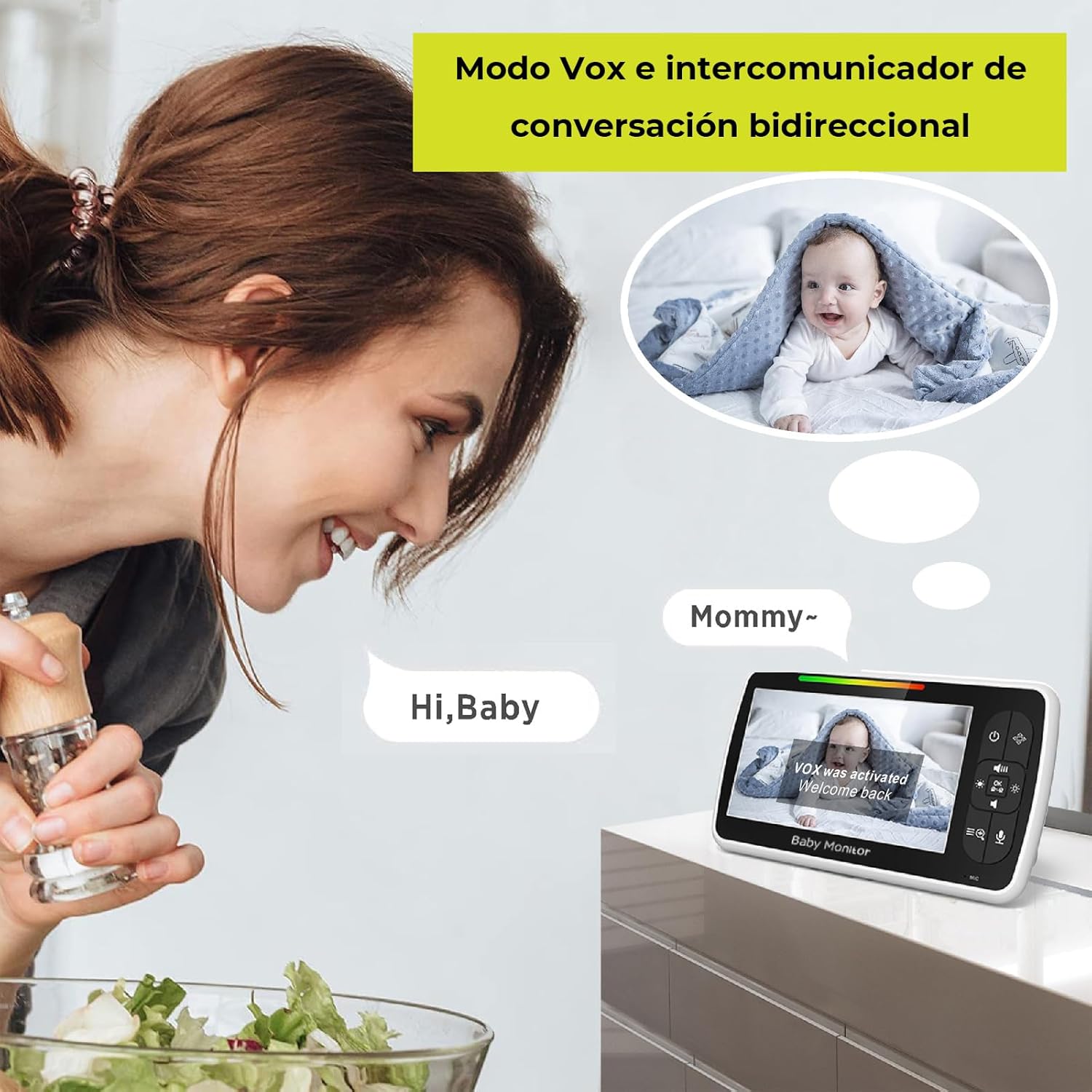 Monitor Bebé 5 Pulgadas, Monitor para Bebe con Camara, Monitor de Video, Encriptación Digital, Visión Nocturna Infrarroja