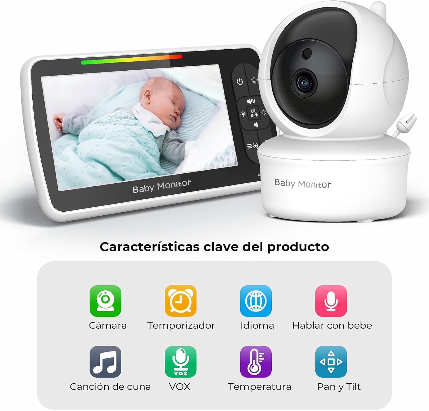 Monitor Bebé 5 Pulgadas, Monitor para Bebe con Camara, Monitor de Video, Encriptación Digital, Visión Nocturna Infrarroja