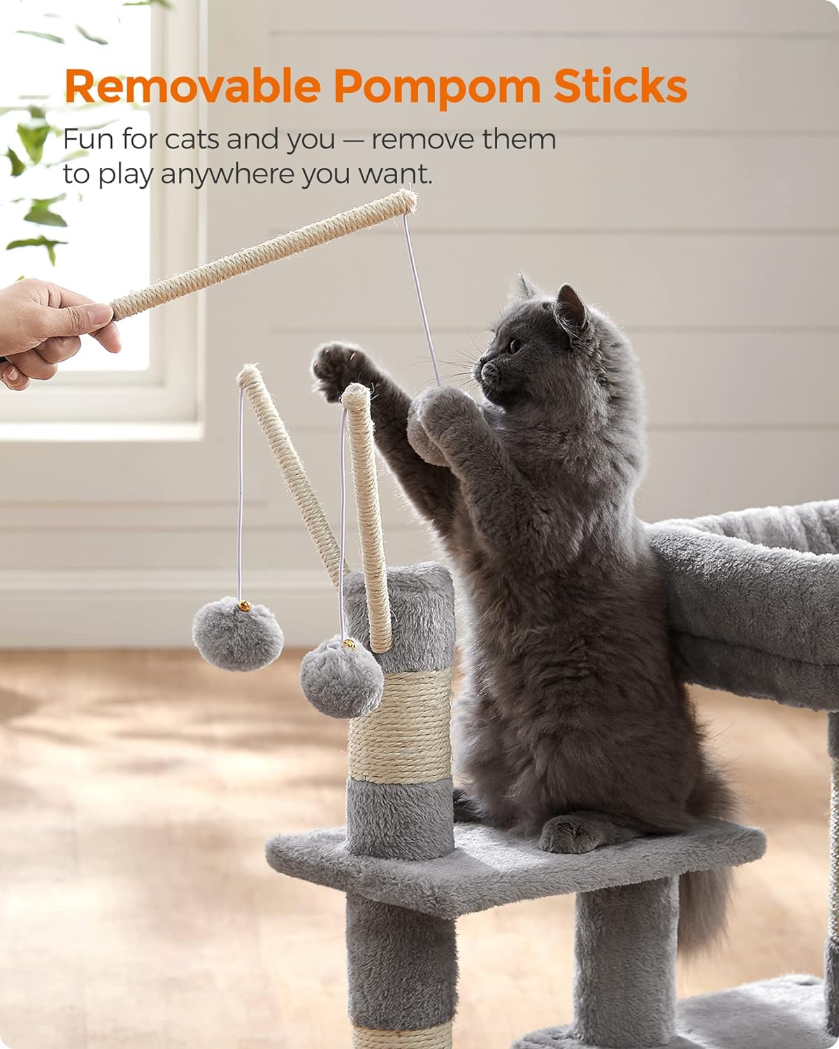 Árbol para Gatos, Torre Pequeño de Gatos con Plataforma Acolchada, Cueva para Gatos, 3 Pompones, Centro de Actividades para Gatos, Gris Claro