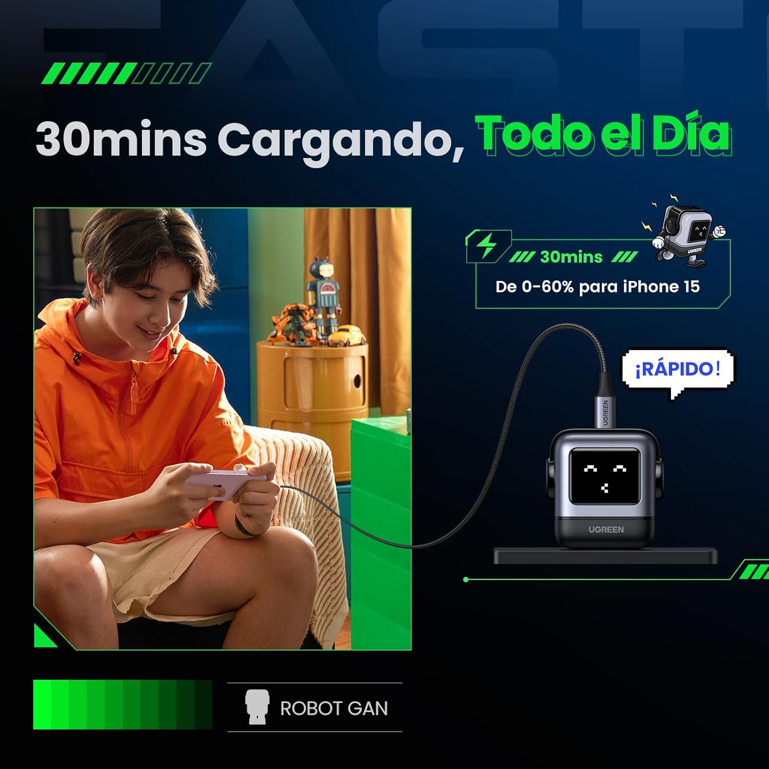 Uno 30 W Cargador Tipo C Carga Rápida, Nexode GaNRobot Cargador USB C Pantalla de Carga Inteligente