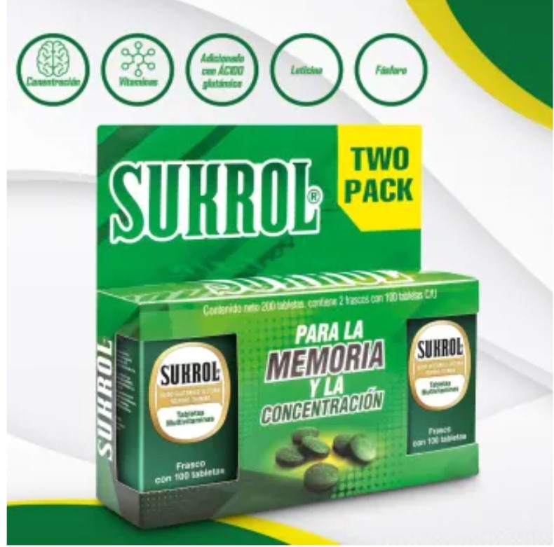 Sukrol ideal para el cerebro, ayuda a la memoria, estrés y los nervios pack 2 (200 tabletas)