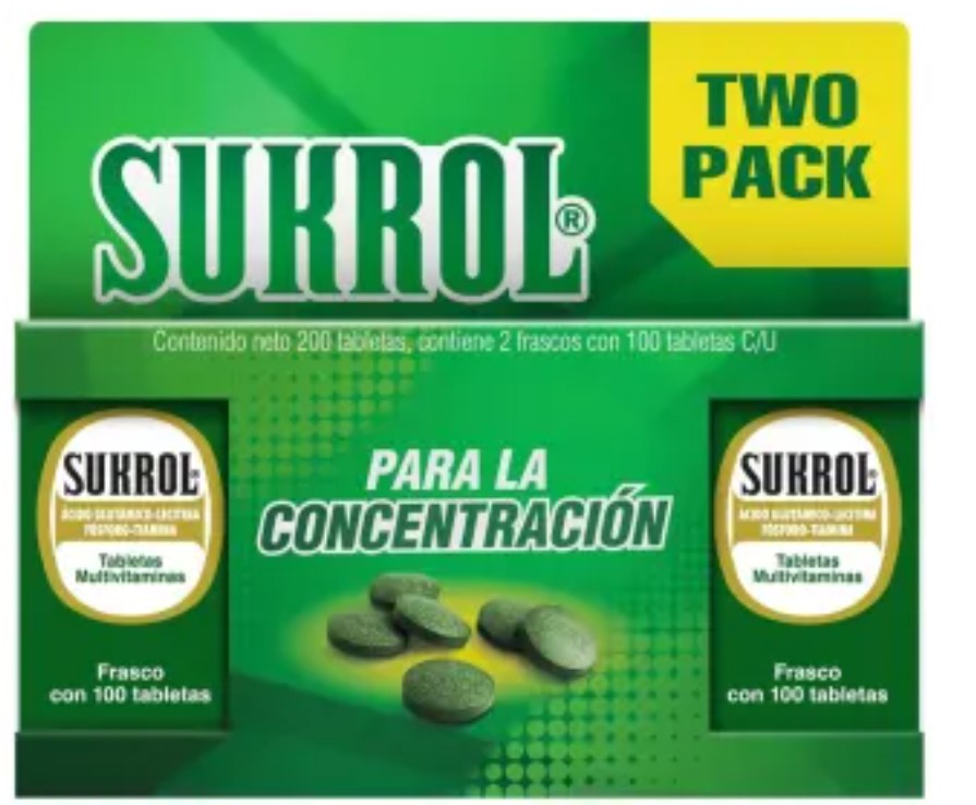 Sukrol ideal para el cerebro, ayuda a la memoria, estrés y los nervios pack 2 (200 tabletas)