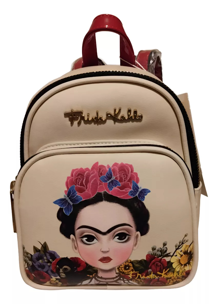 Mini Mochila Frida Kahlo Cartoon Backpack Original Color beige con rojo.
