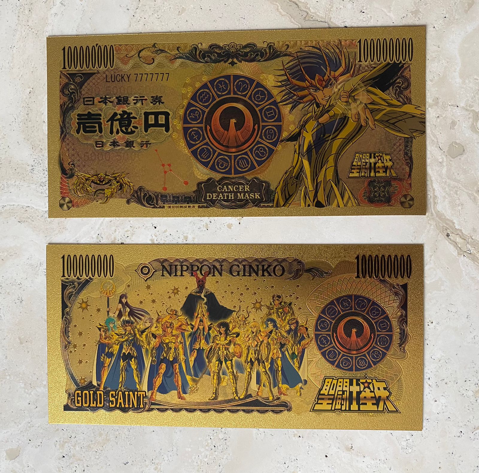 Exclusivo! Billete de Coleccion Dorado Saint Seiya Caballeros del Zodiaco Plastificado Mascara Mortal Cancer
