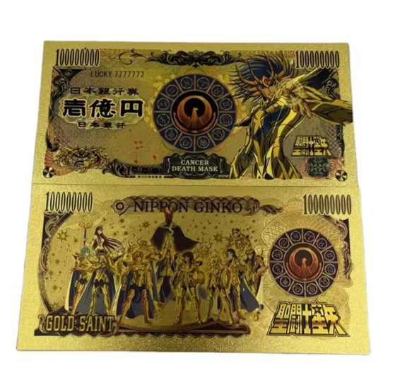 Exclusivo! Billete de Coleccion Dorado Saint Seiya Caballeros del Zodiaco Plastificado Mascara Mortal Cancer