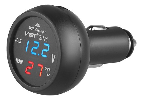 3en1 Cargador De Auto Usb, Voltímetro Y Termómetro De Led NEGRO 