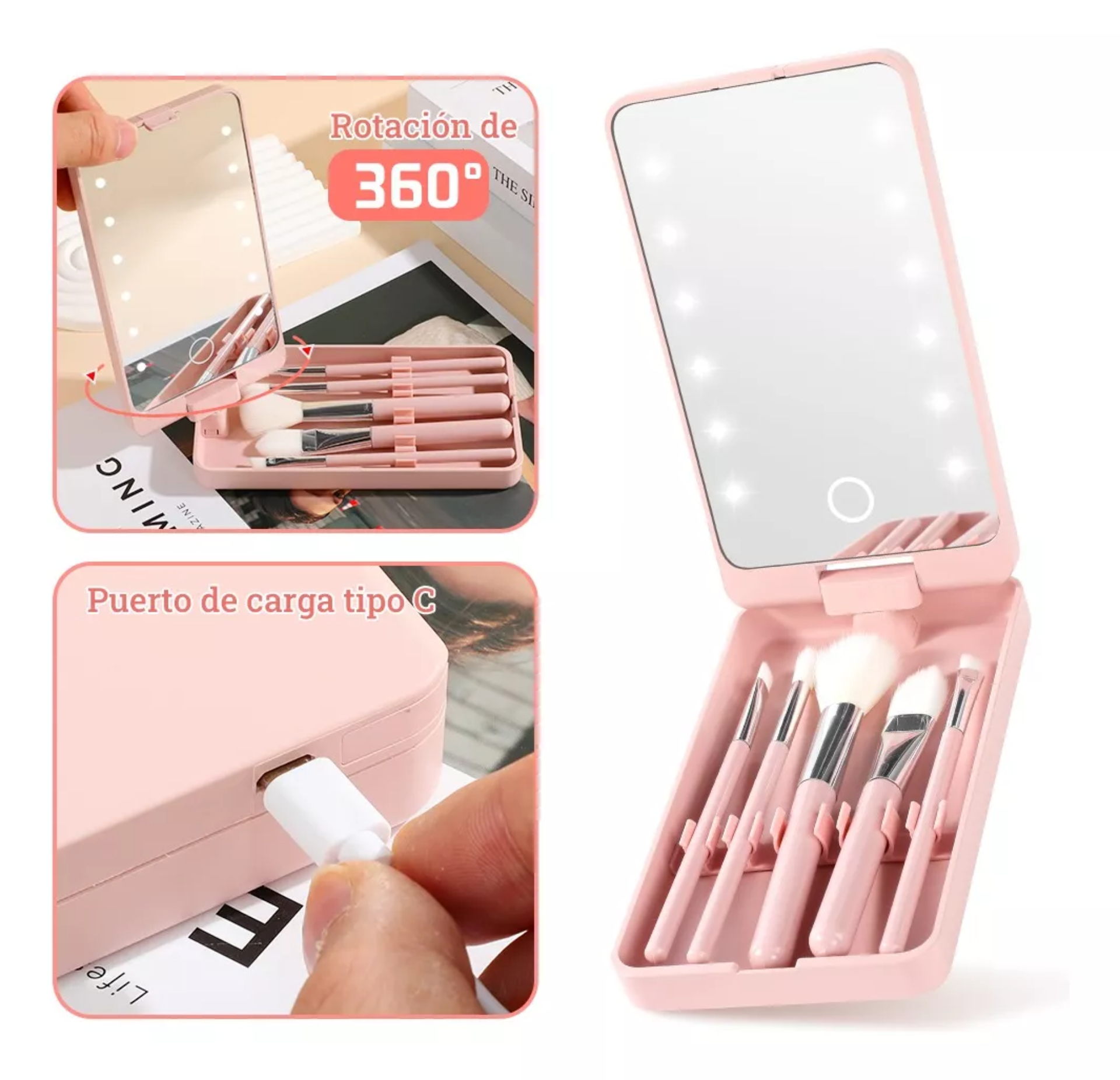 Espejo Maquillaje Led Rotación De 360 grados incluye Brochas Cosmé