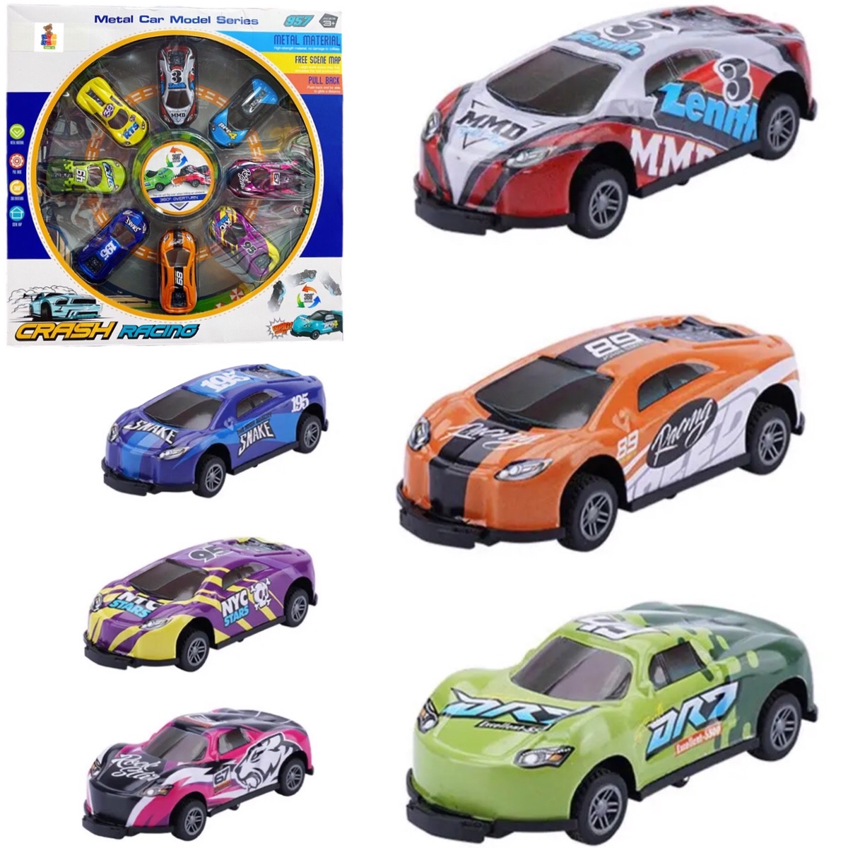 Carros De Carreras Chocones Metal Giran 360 Colección 8pz