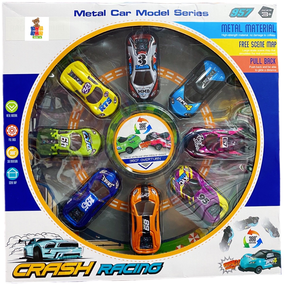 Carros De Carreras Chocones Metal Giran 360 Colección 8pz