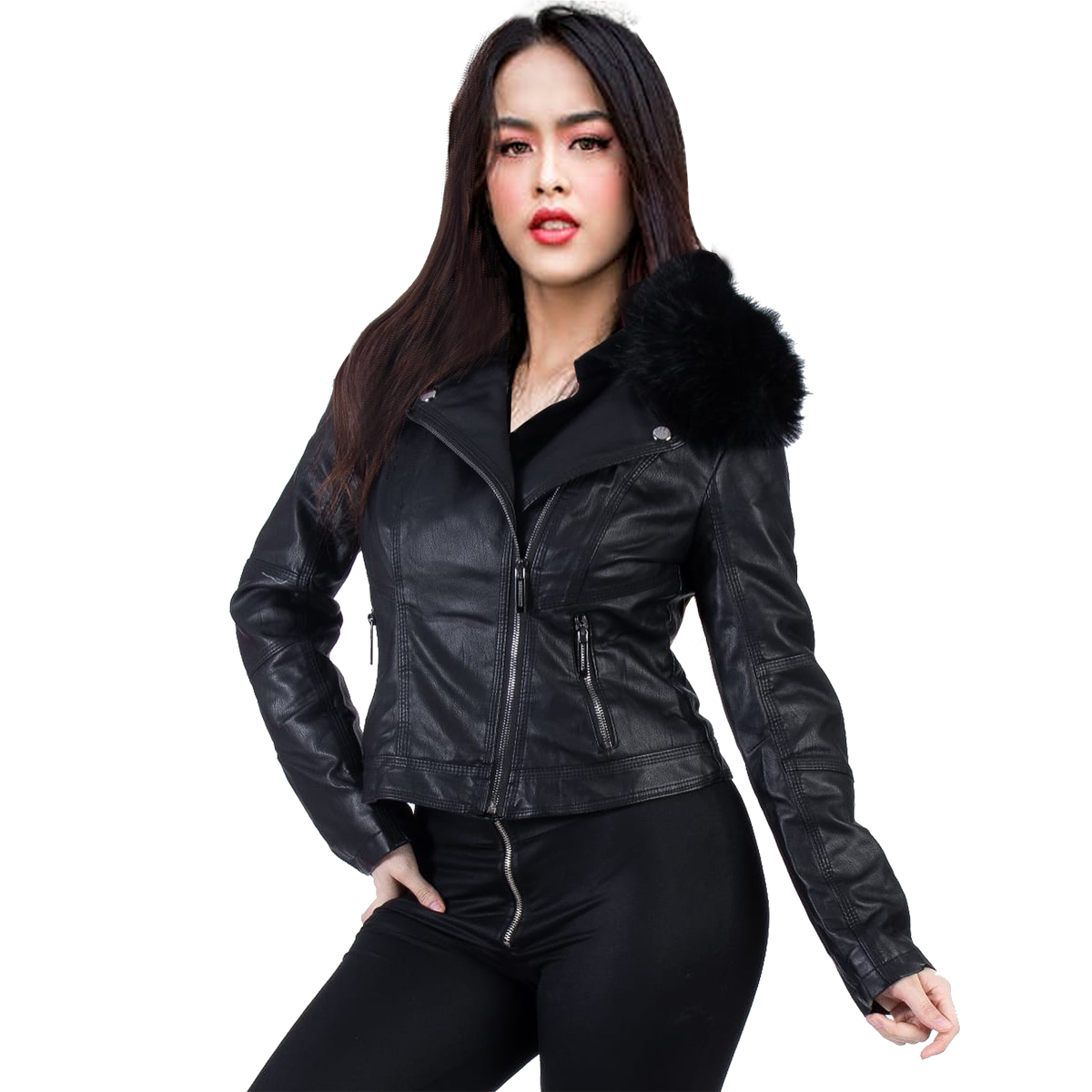 Chamarra Biker Mujer Piel Pu Forro Peluche Cuello Desmontable