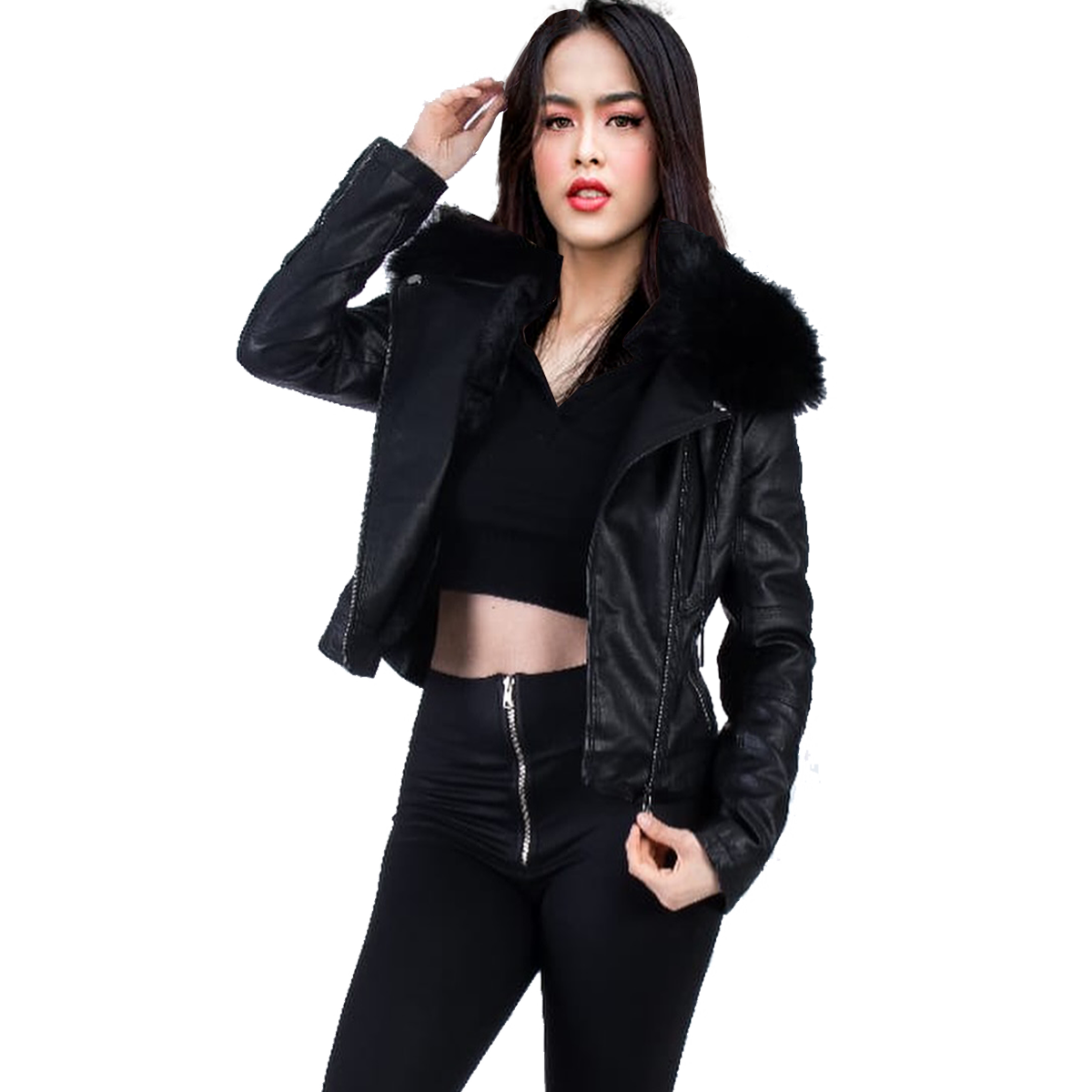 Chamarra Biker Mujer Piel Pu Forro Peluche Cuello Desmontable