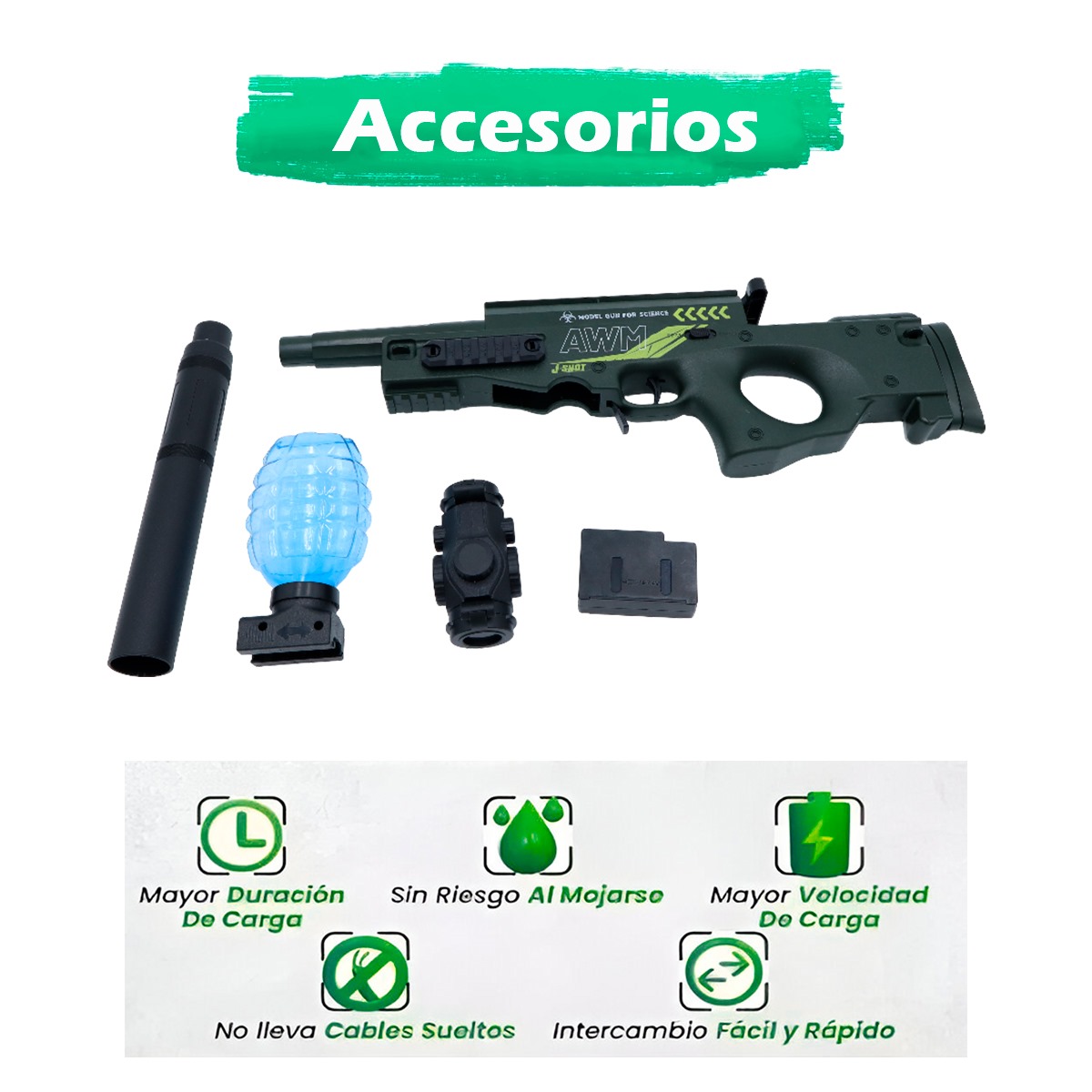 Rifle Automático Eléctrico Lanzador de Bolitas de Hidrogel (Verde)