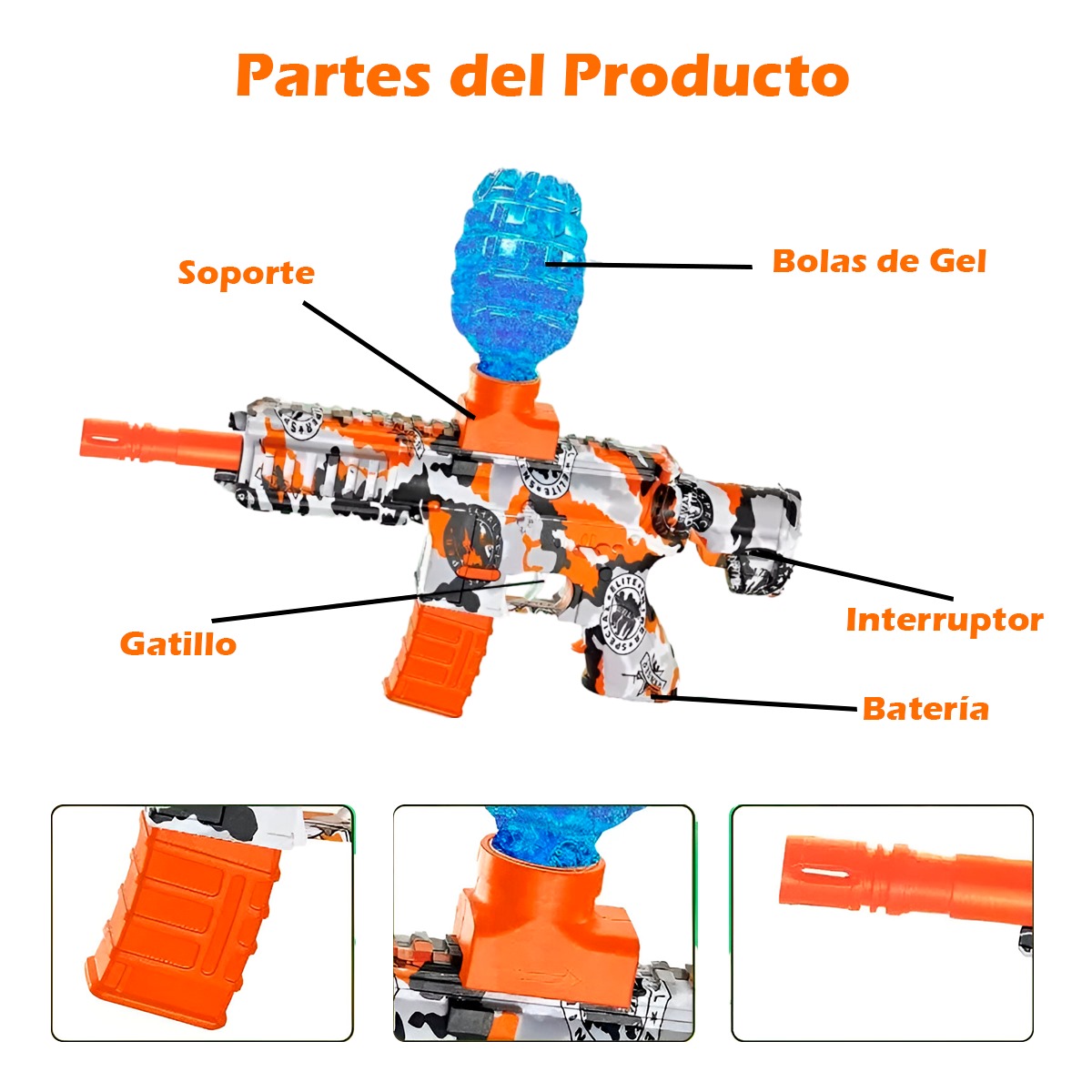 Ametralladora Automática Eléctrica Lanzadora de Bolitas Hidrogel (Naranja)