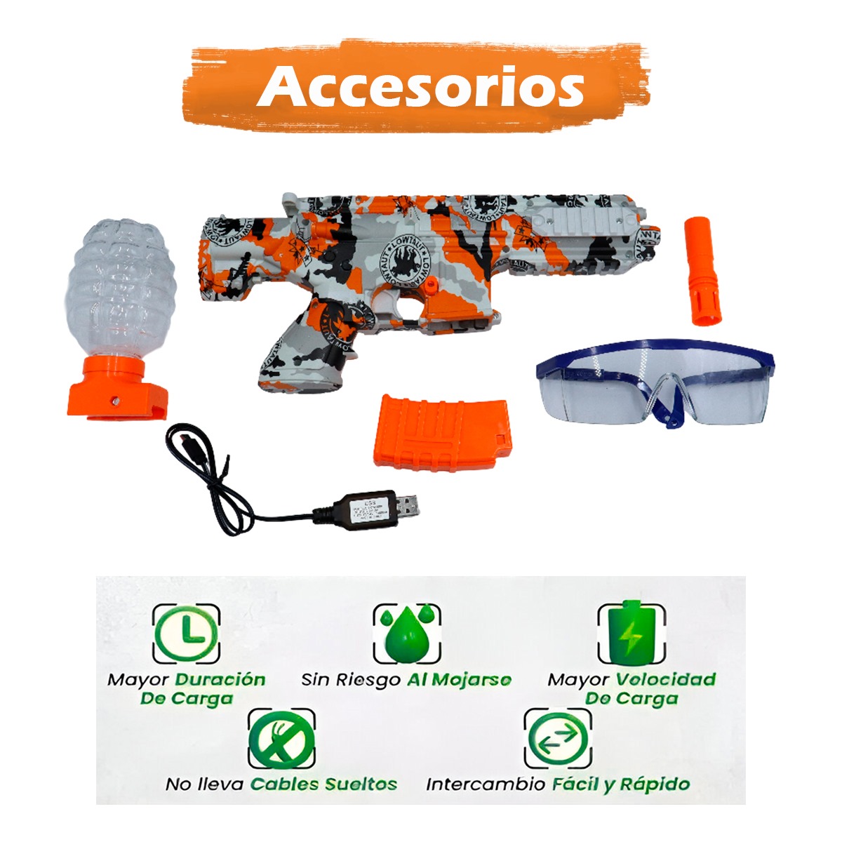 Ametralladora Automática Eléctrica Lanzadora de Bolitas Hidrogel (Naranja)