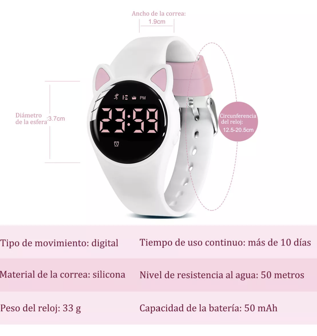 Reloj  Digital Recargable Deportivo Multifunción Impermeable Gatos Y Pulseras Para Niña Y Niño,correa Blanco T