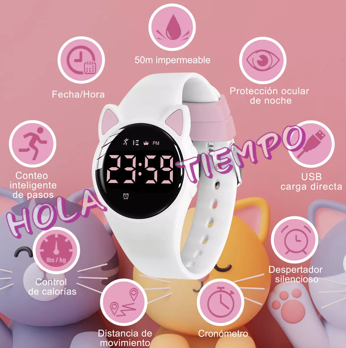 Reloj  Digital Recargable Deportivo Multifunción Impermeable Gatos Y Pulseras Para Niña Y Niño,correa Blanco T