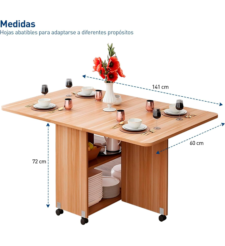 Mesa plegable hojas abatibles con ruedas y almacenamiento 