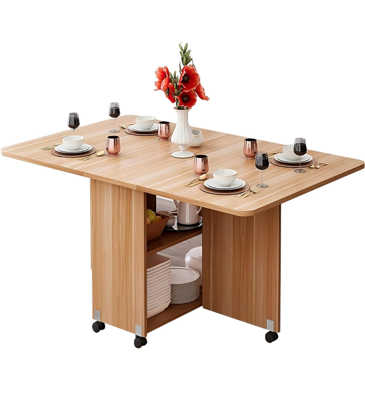 Mesa plegable hojas abatibles con ruedas y almacenamiento 