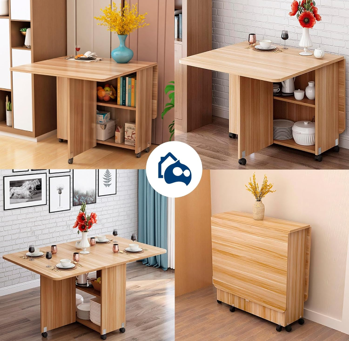 Mesa plegable hojas abatibles con ruedas y almacenamiento 