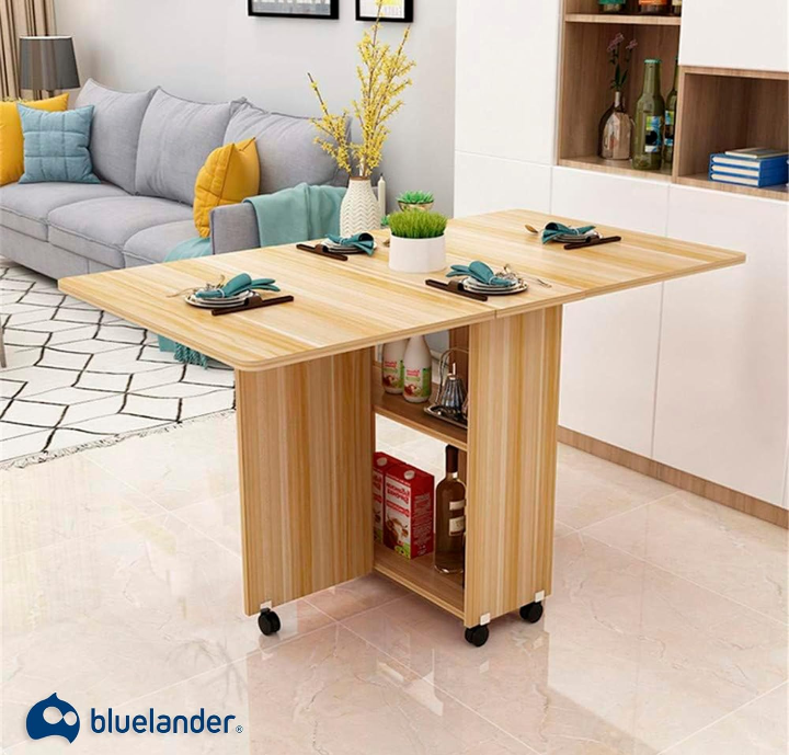 Mesa plegable hojas abatibles con ruedas y almacenamiento 