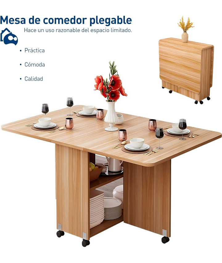 Mesa plegable hojas abatibles con ruedas y almacenamiento 