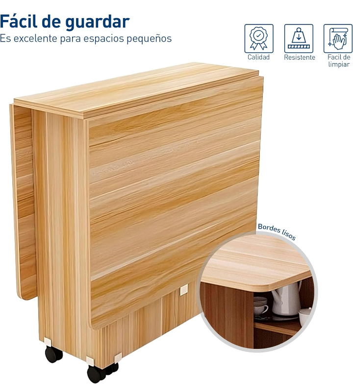 Mesa plegable hojas abatibles con ruedas y almacenamiento 