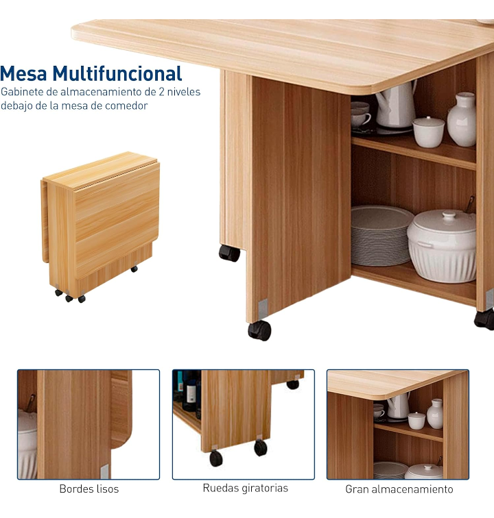 Mesa plegable hojas abatibles con ruedas y almacenamiento 