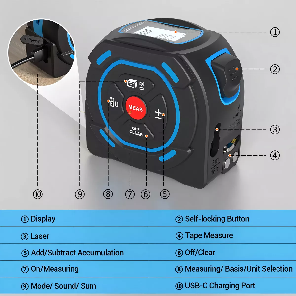  Flexometro 2 En 1 Cinta Métrica 5m / Láser Telemetro Medidor 40m Rechargeable USB